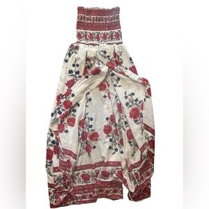 Beautiful Strapless Red, White, & Blue Flowered Open Slit Maxi Dress